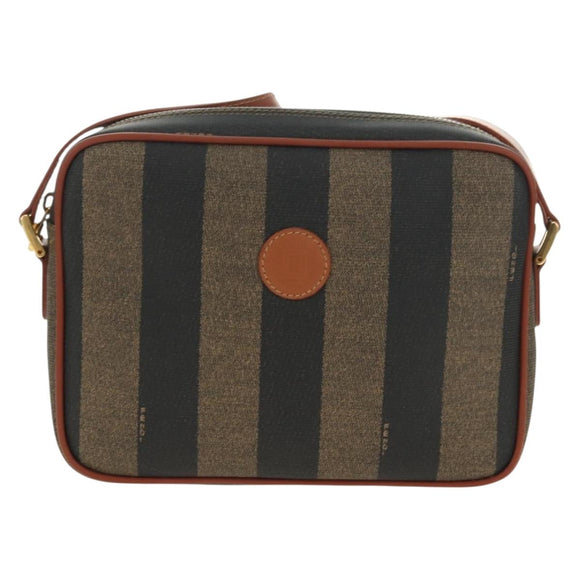 FENDI Pecan Canvas Shoulder Bag PVC Brown Black Auth ki6658V