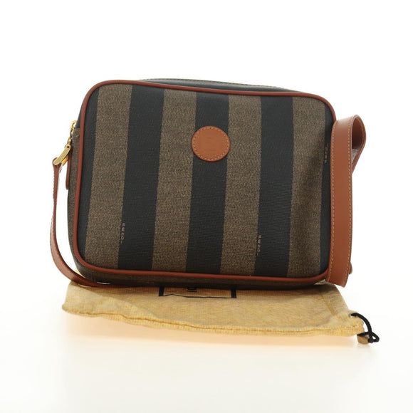 FENDI Pecan Canvas Shoulder Bag PVC Brown Black Auth ki6658V