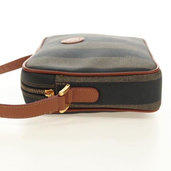 FENDI Pecan Canvas Shoulder Bag PVC Brown Black Auth ki6658V