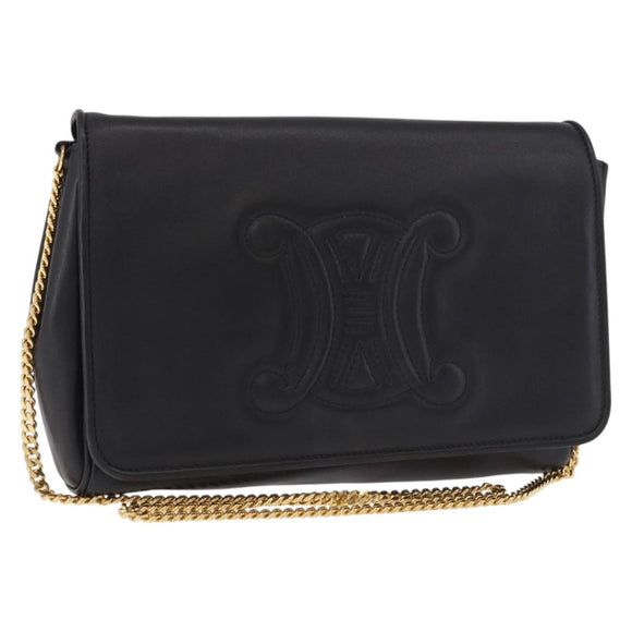 CELINE Chain Shoulder Bag Leather Black Gold Auth ki6665M