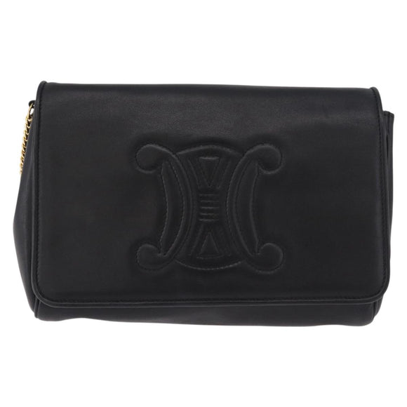 CELINE Chain Shoulder Bag Leather Black Gold Auth ki6665M
