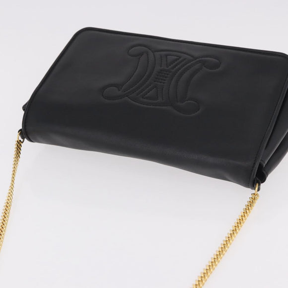 CELINE Chain Shoulder Bag Leather Black Gold Auth ki6665M