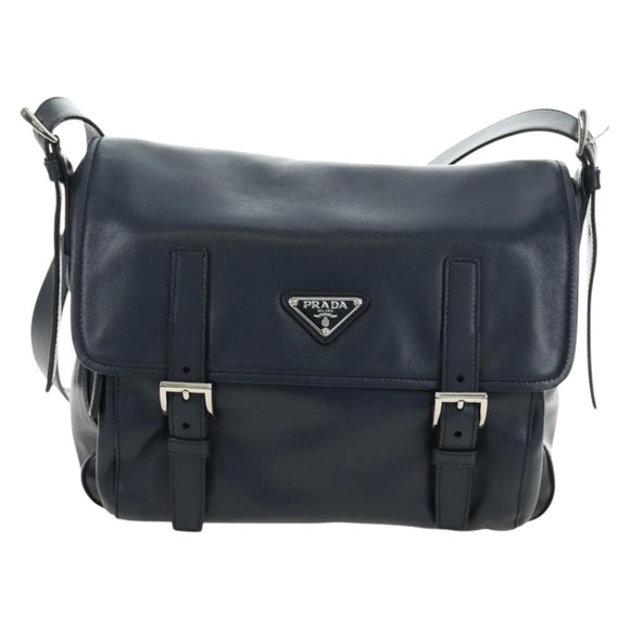 PRADA Shoulder Bag Leather Navy Silver Auth ki6667SAM