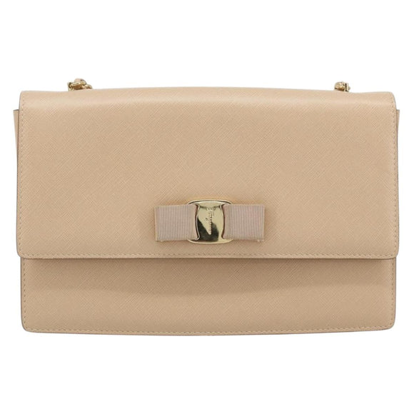 Salvatore Ferragamo Chain Shoulder Bag Leather Beige Gold Auth ki6669V