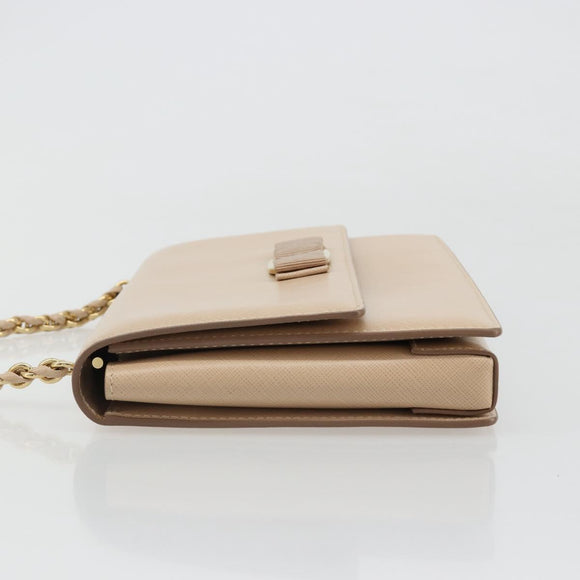 Salvatore Ferragamo Chain Shoulder Bag Leather Beige Gold Auth ki6669V