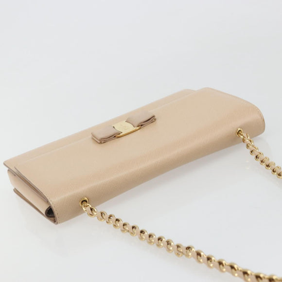 Salvatore Ferragamo Chain Shoulder Bag Leather Beige Gold Auth ki6669V