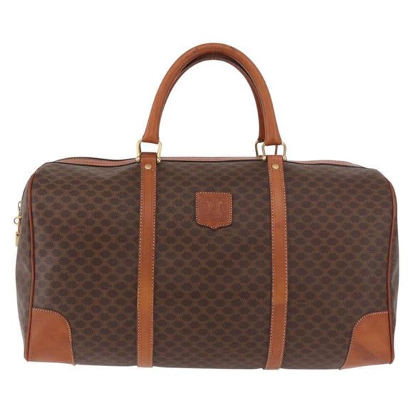 CELINE Macadam Canvas Boston Bag PVC Leather Brown Gold Auth ki6673
