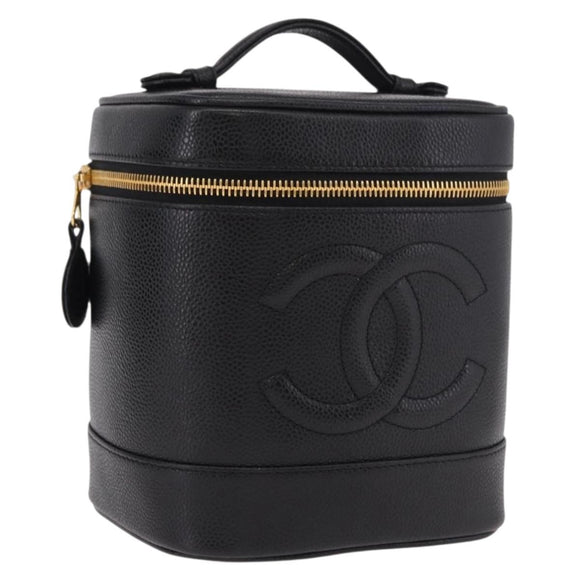 CHANEL COCO Mark Vanity Hand Bag Caviar Skin Black Gold CC Auth ki6681M