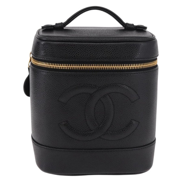CHANEL COCO Mark Vanity Hand Bag Caviar Skin Black Gold CC Auth ki6681M