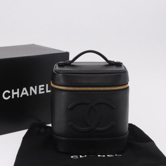 CHANEL COCO Mark Vanity Hand Bag Caviar Skin Black Gold CC Auth ki6681M