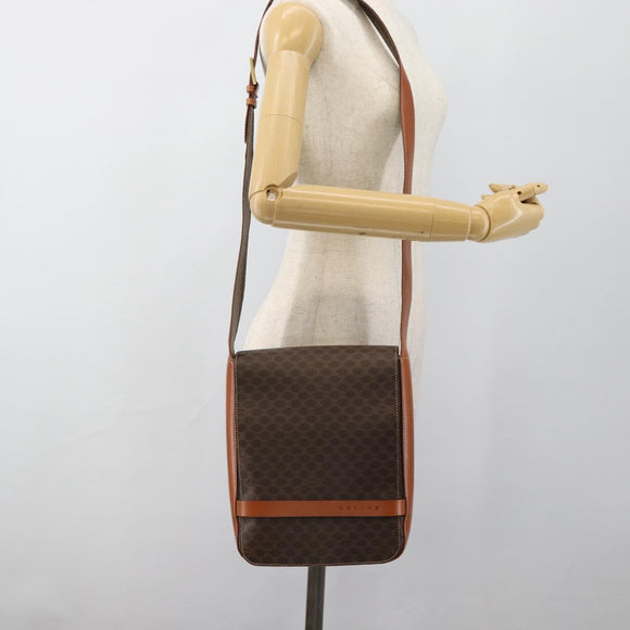 CELINE Macadam Canvas Umhängetasche PVC Leder Braun Gold Auth ki6682A