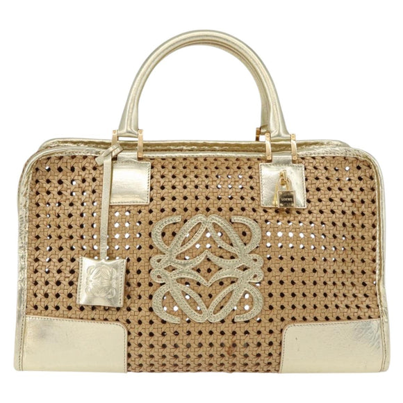 LOEWE Amazonas Hand Bag Rattan Gold Beige Auth ki6694M