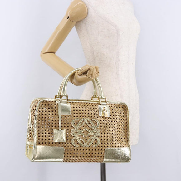 LOEWE Amazonas Hand Bag Rattan Gold Beige Auth ki6694M
