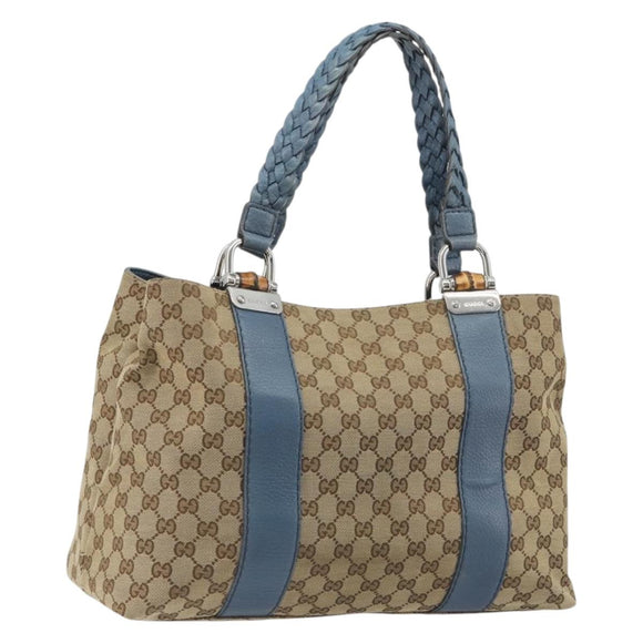 GUCCI GG Canvas Bamboo Tote Bag Blue Beige 232947 Auth ki6706A