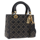 Christian Dior Lady Dior Studs Hand Bag Leather 2way Black Gold Auth ki6712M-1