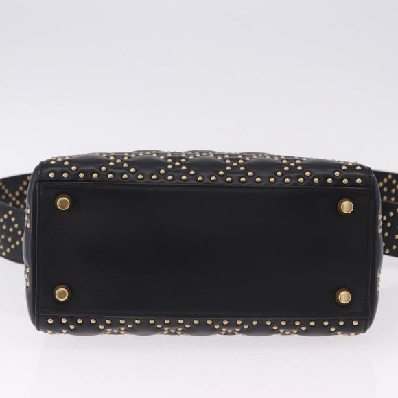 Christian Dior Lady Dior Studs Hand Bag Leather 2way Black Gold Auth ki6712M