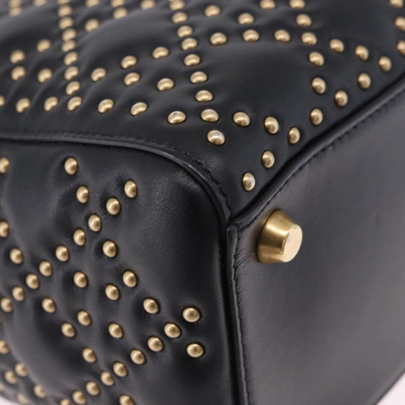 Christian Dior Lady Dior Studs Hand Bag Leather 2way Black Gold Auth ki6712M