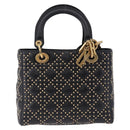 Christian Dior Lady Dior Studs Hand Bag Leather 2way Black Gold Auth ki6712M-2