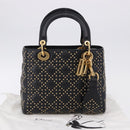 Christian Dior Lady Dior Studs Hand Bag Leather 2way Black Gold Auth ki6712M-28