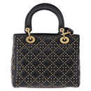 Christian Dior Lady Dior Studs Hand Bag Leather 2way Black Gold Auth ki6712M-3