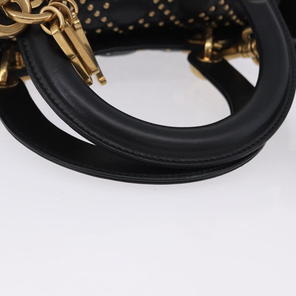 Christian Dior Lady Dior Studs Hand Bag Leather 2way Black Gold Auth ki6712M