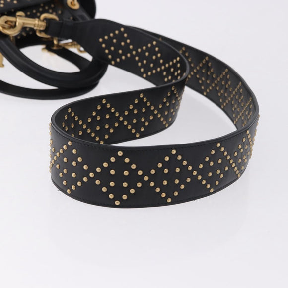 Christian Dior Lady Dior Studs Hand Bag Leather 2way Black Gold Auth ki6712M