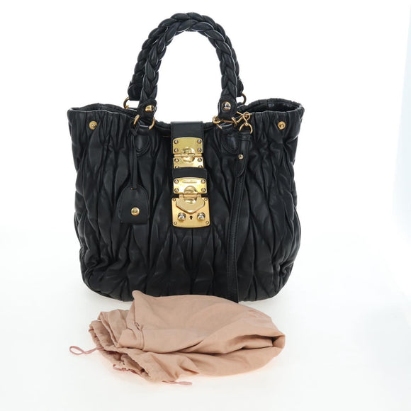 Miu Miu Matelasse Tote Bag Leather 2way Black Gold Tone Auth ki6716V