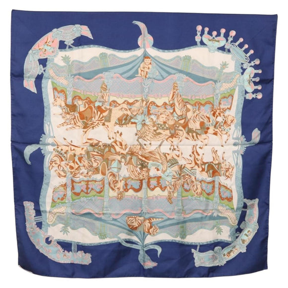HERMES Carre 90 Scarf Silk ""TOURNEZ MANEGE"" Blue White Auth ki6721