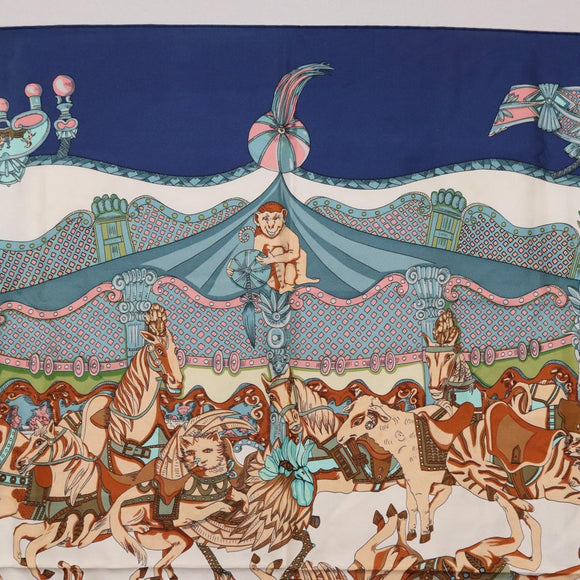 HERMES Carre 90 Scarf Silk ""TOURNEZ MANEGE"" Blue White Auth ki6721
