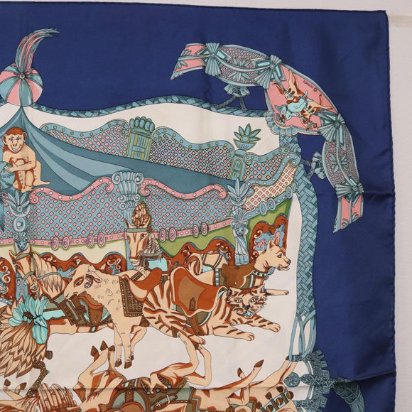 HERMES Carre 90 Scarf Silk ""TOURNEZ MANEGE"" Blue White Auth ki6721