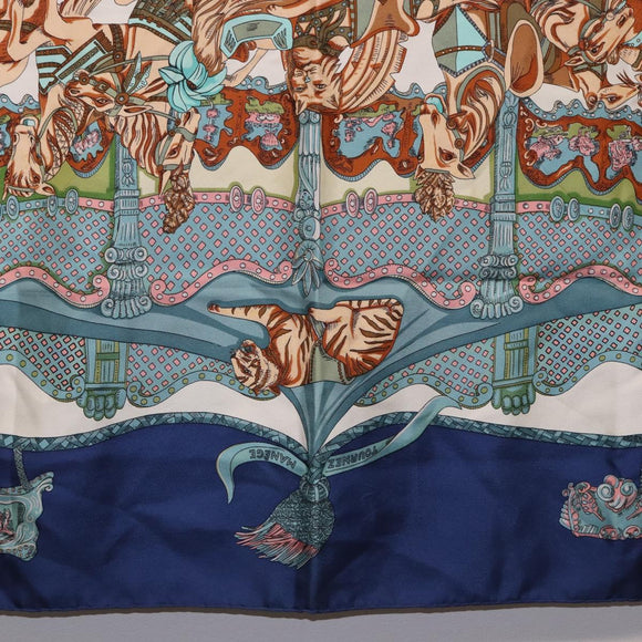 HERMES Carre 90 Scarf Silk ""TOURNEZ MANEGE"" Blue White Auth ki6721