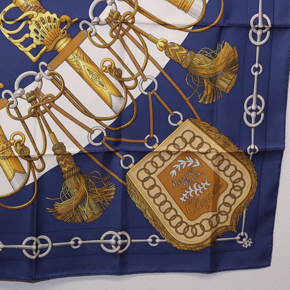 HERMES Carre 90 Scarf Silk ""Cliquetis"" Blue Gold Auth ki6724