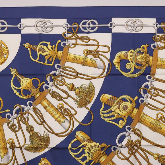 HERMES Carre 90 Scarf Silk ""Cliquetis"" Blue Gold Auth ki6724