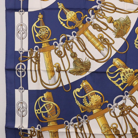 HERMES Carre 90 Scarf Silk ""Cliquetis"" Blue Gold Auth ki6724