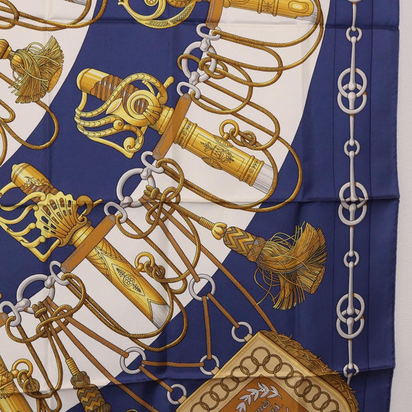 HERMES Carre 90 Scarf Silk ""Cliquetis"" Blue Gold Auth ki6724