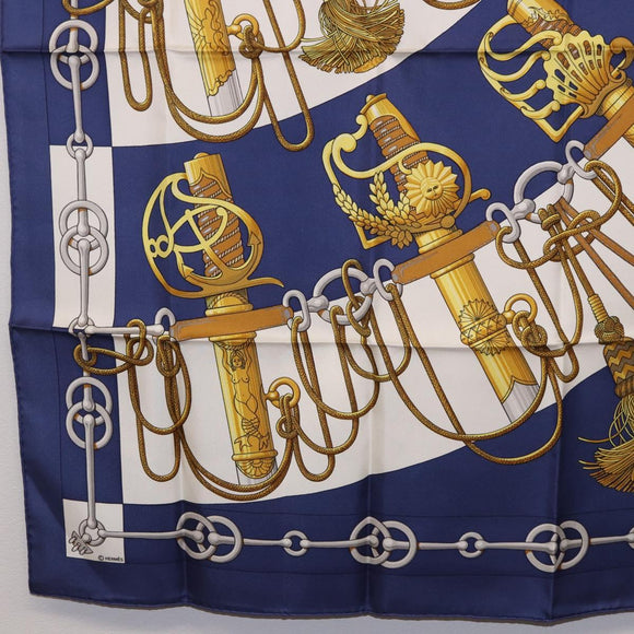 HERMES Carre 90 Scarf Silk ""Cliquetis"" Blue Gold Auth ki6724