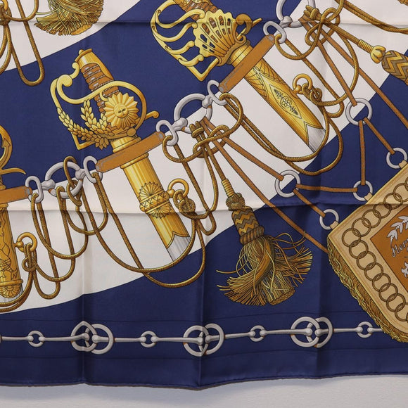 HERMES Carre 90 Scarf Silk ""Cliquetis"" Blue Gold Auth ki6724