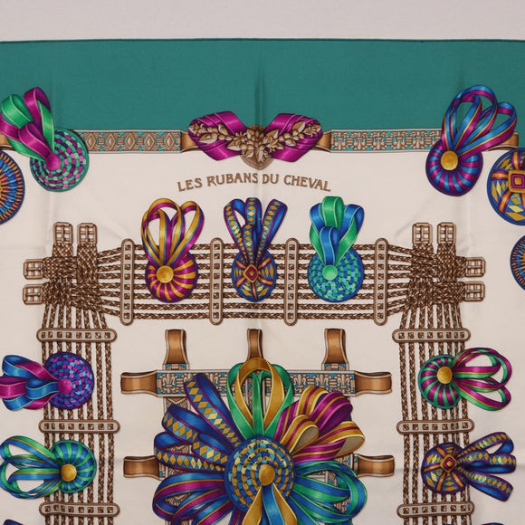 HERMES Carre 90 Scarf Silk ""LES RUBANS DU CHEVAL"" Green White Auth ki6726