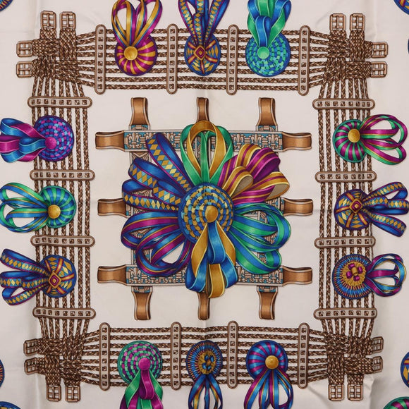 HERMES Carre 90 Scarf Silk ""LES RUBANS DU CHEVAL"" Green White Auth ki6726
