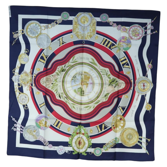 HERMES Carre 90 Scarf Silk ""la ronde des heures"" Navy White Auth ki6727M