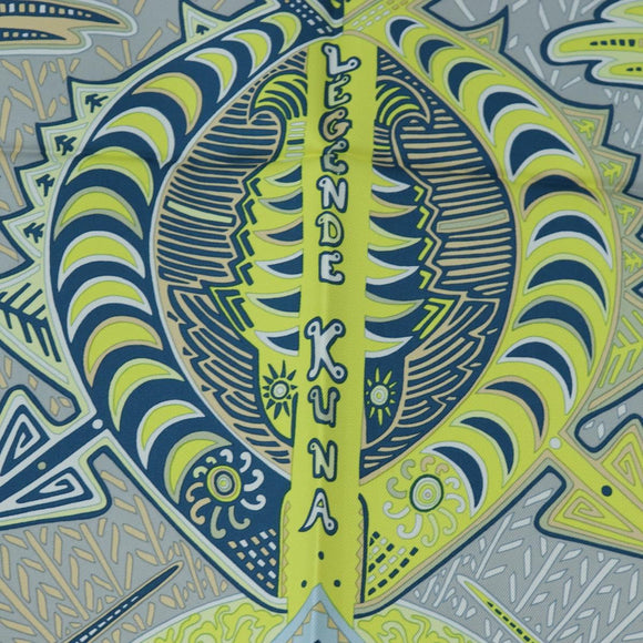 HERMES Carre 90 Scarf Silk ”LEGENDE KUNA PEUPLE DE PANAMA"" Blue Auth ki6728M