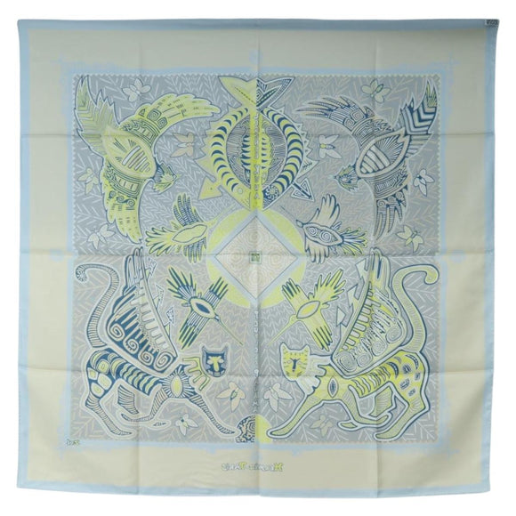 HERMES Carre 90 Scarf Silk ”LEGENDE KUNA PEUPLE DE PANAMA"" Blue Auth ki6728M