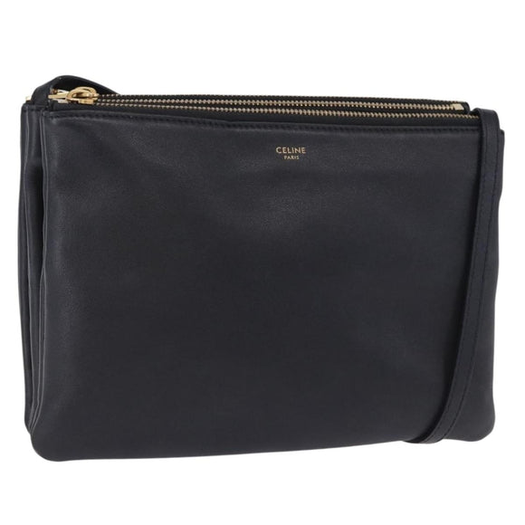 CELINE Trio Large Shoulder Bag Leather Black Gold Tone Auth ki6732V