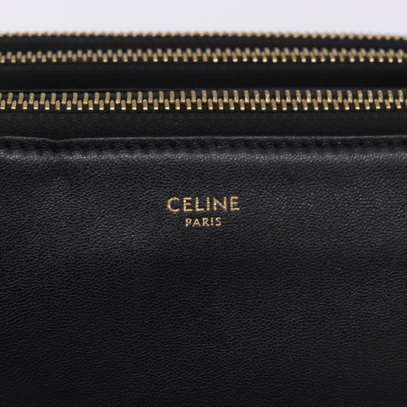 CELINE Trio Large Shoulder Bag Leather Black Gold Tone Auth ki6732V