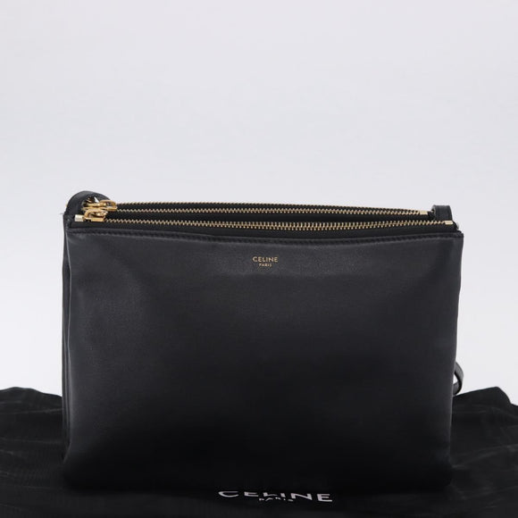 CELINE Trio Large Shoulder Bag Leather Black Gold Tone Auth ki6732V