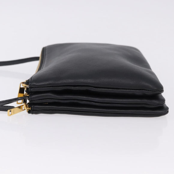 CELINE Trio Large Shoulder Bag Leather Black Gold Tone Auth ki6732V