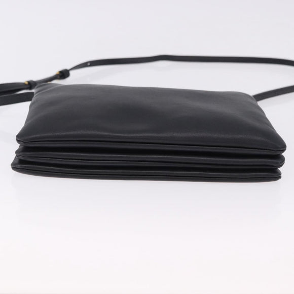 CELINE Trio Large Shoulder Bag Leather Black Gold Tone Auth ki6732V