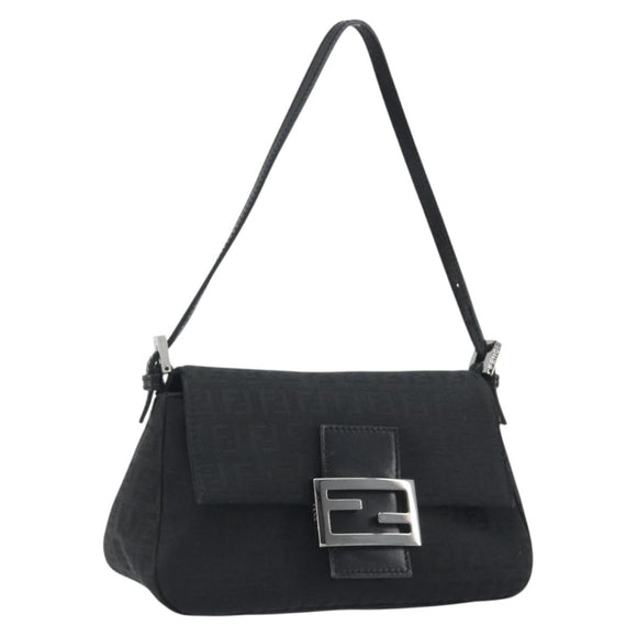FENDI Zucchino Canvas Mamma Baguette Shoulder Bag Black Silver Auth ki6734M
