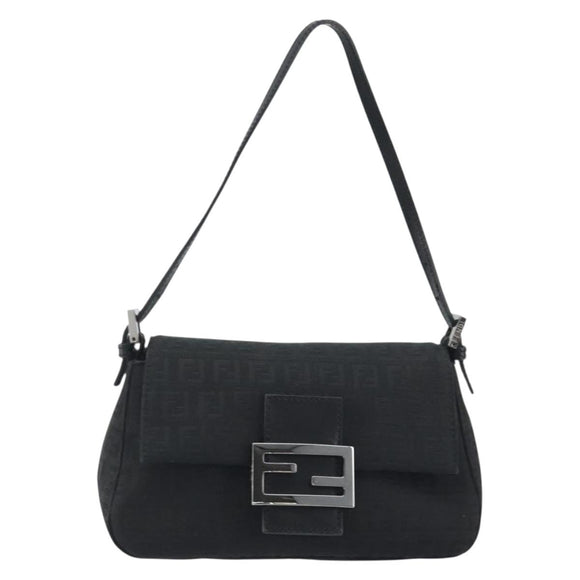 FENDI Zucchino Canvas Mamma Baguette Shoulder Bag Black Silver Auth ki6734M