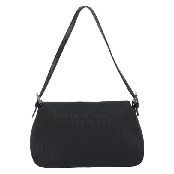 FENDI Zucchino Canvas Mamma Baguette Shoulder Bag Black Silver Auth ki6734M